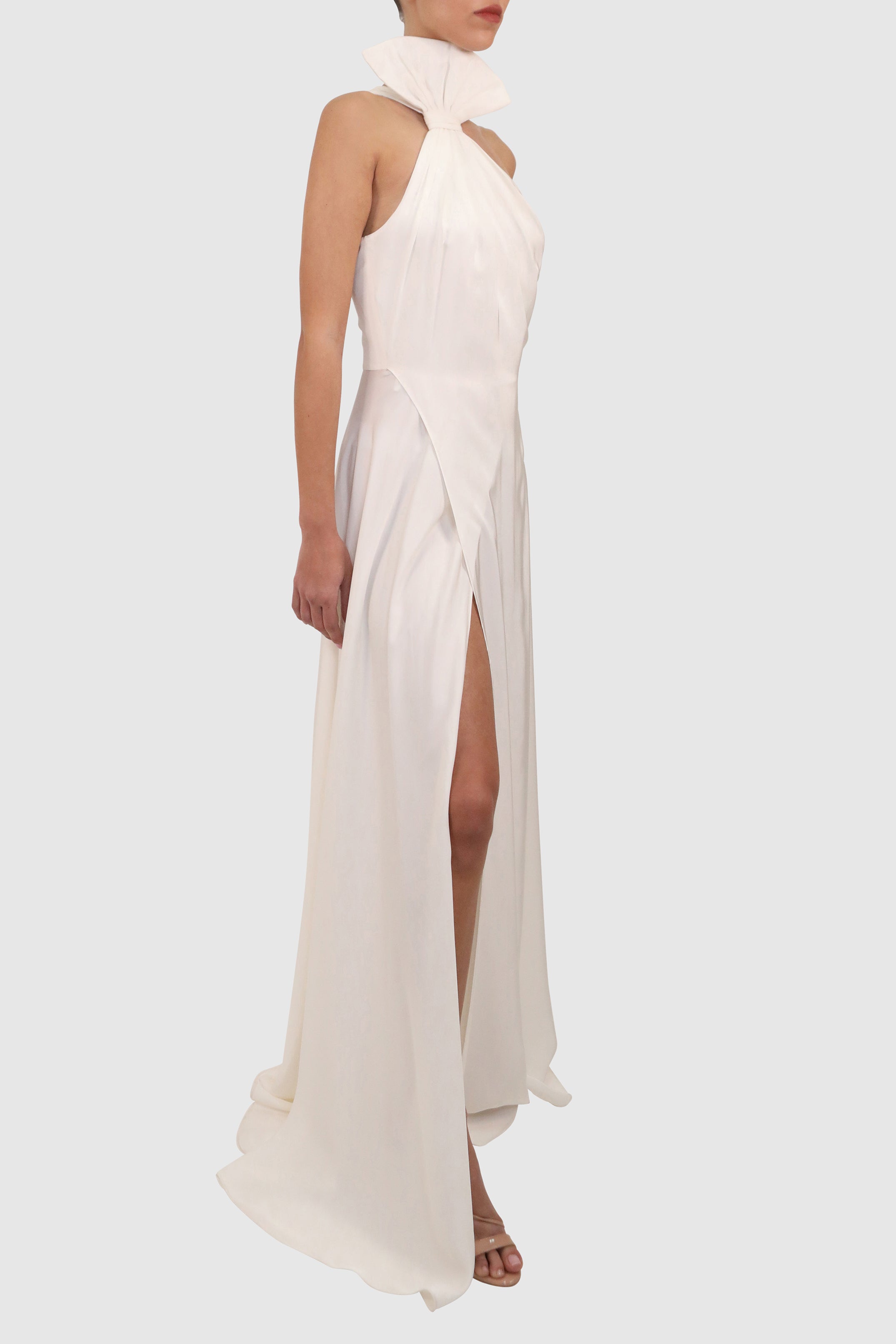 Halter Dress with Slits and Dramatic Bow
