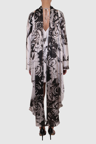 Patterned Floral Silk Dress with Long Voluminous Sleeves and Scarf