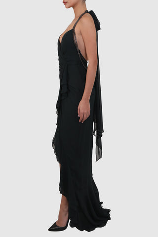 Backless Crepe Dress with Ruffled Detail and Chain Straps