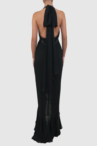 Backless Crepe Dress with Ruffled Detail and Chain Straps