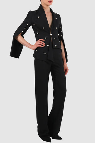 Asymmetric draped faux-pearl embellished suit