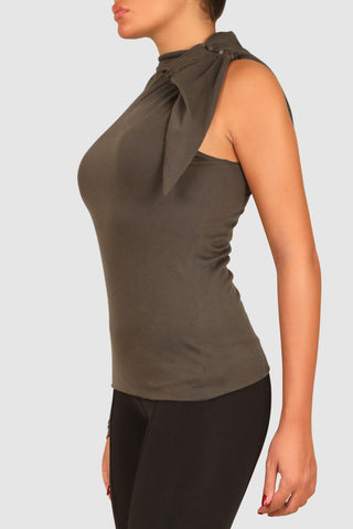 One-sleeve high collar cotton top